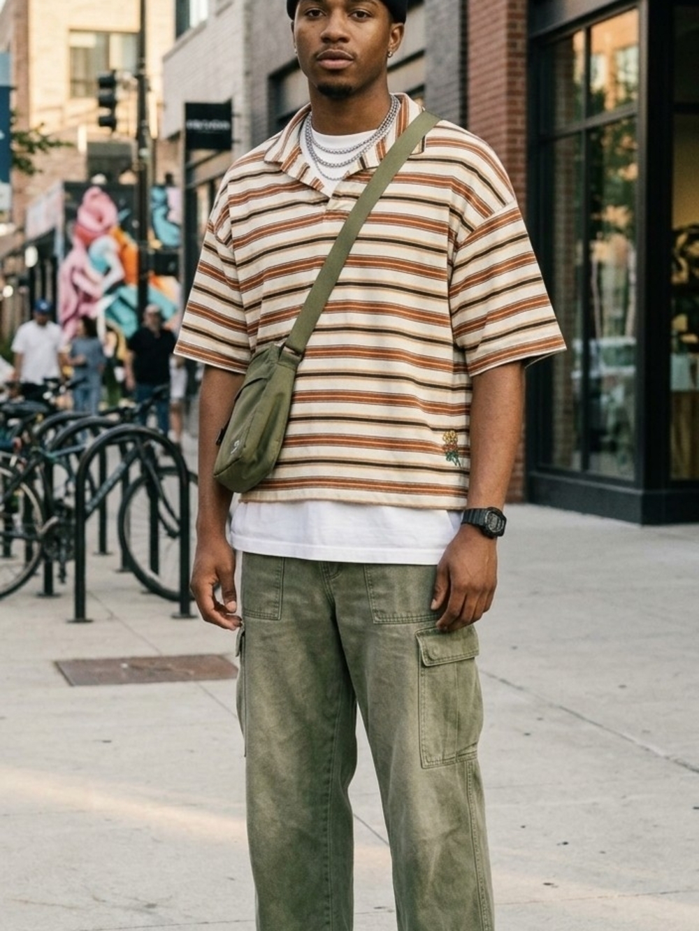 💪18 East Striped 100%Cotton Polo Shirt Brown & White Size Small Urbano/vintage